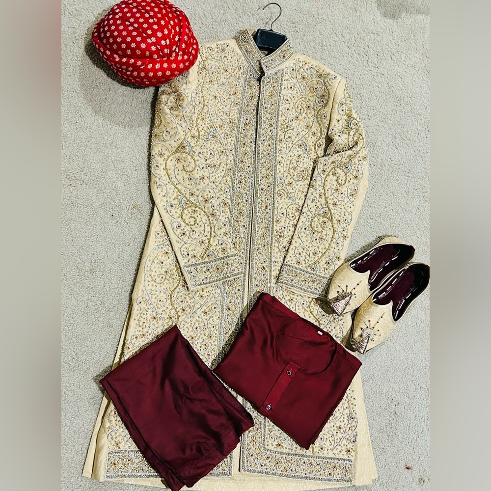 Embroidered Cream Sherwani with Maroon Accents